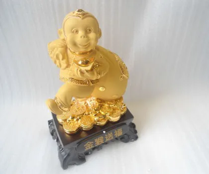Khỉ tài lộc kéo túi vàng đế gỗ - hậu niên niên mộng FK056M