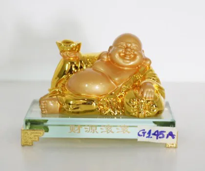 Phật Di Lạc vàng cầm nén vàng ngồi trên đế gỗ - Tài nguyên cuồn cuộn FG145A