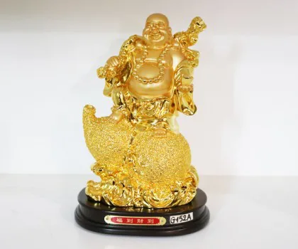 Phật di lạc vàng cầm cành đào vàng ngồi trên túi vàng lớn - Phước đáo tài đáo G152A