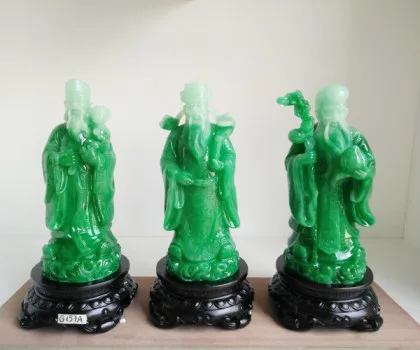 Bộ tam đa phúc lộc thọ ngọc xanh trung đế gỗ tròn G157A