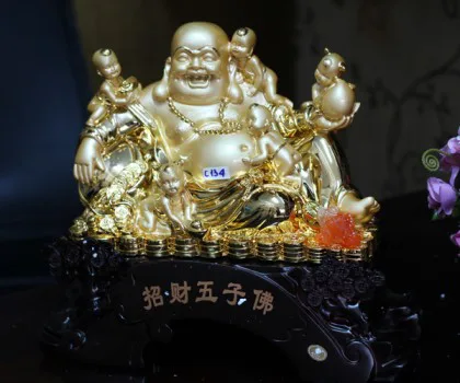 Phật di lạc vàng ngồi ôm 5 đồng tử - Chiêu tài ngũ tử phật C134A