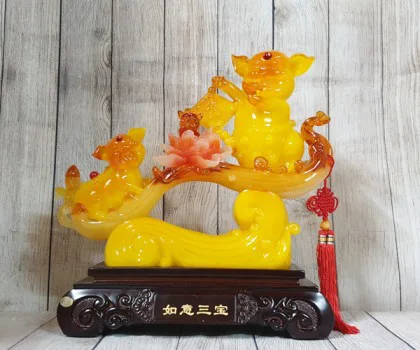 Hoàng gia heo vàng ngọc trên gậy như ý sóng vàng - Như Ý Tam Bảo LN012
