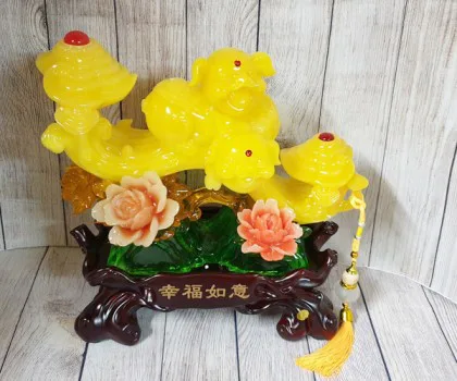 Song tiên heo vàng ngọc trên như ý vàng mẫu đơn đỏ - Hạnh Phúc Như Ý FLN013