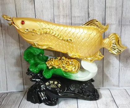 Thần cá kim long cam ngọc lưu ly trên túi kim bảo lá sen đế gỗ lớn - Chiêu Tài Long Ngư LN166